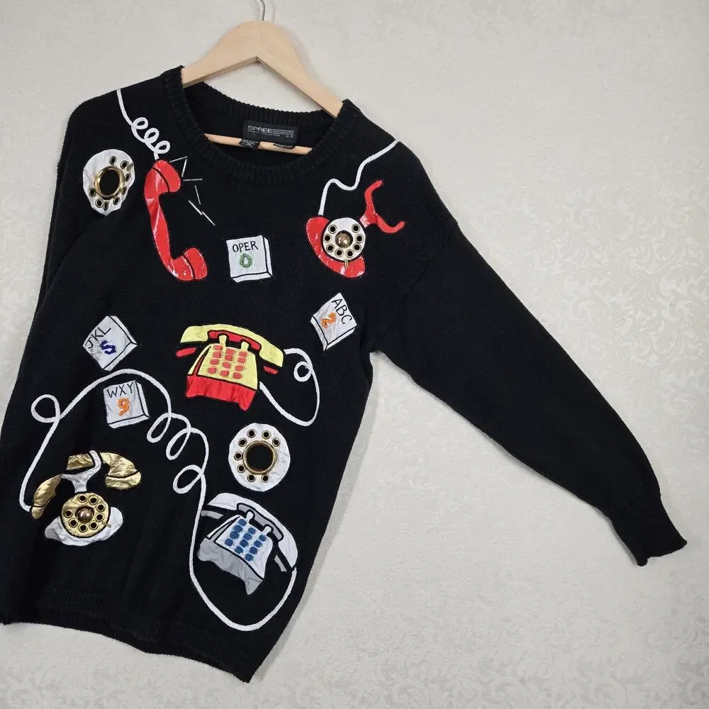 Vintage 90s Novelty Telephone Sweater M Black Graphic Knit Art Teacher
